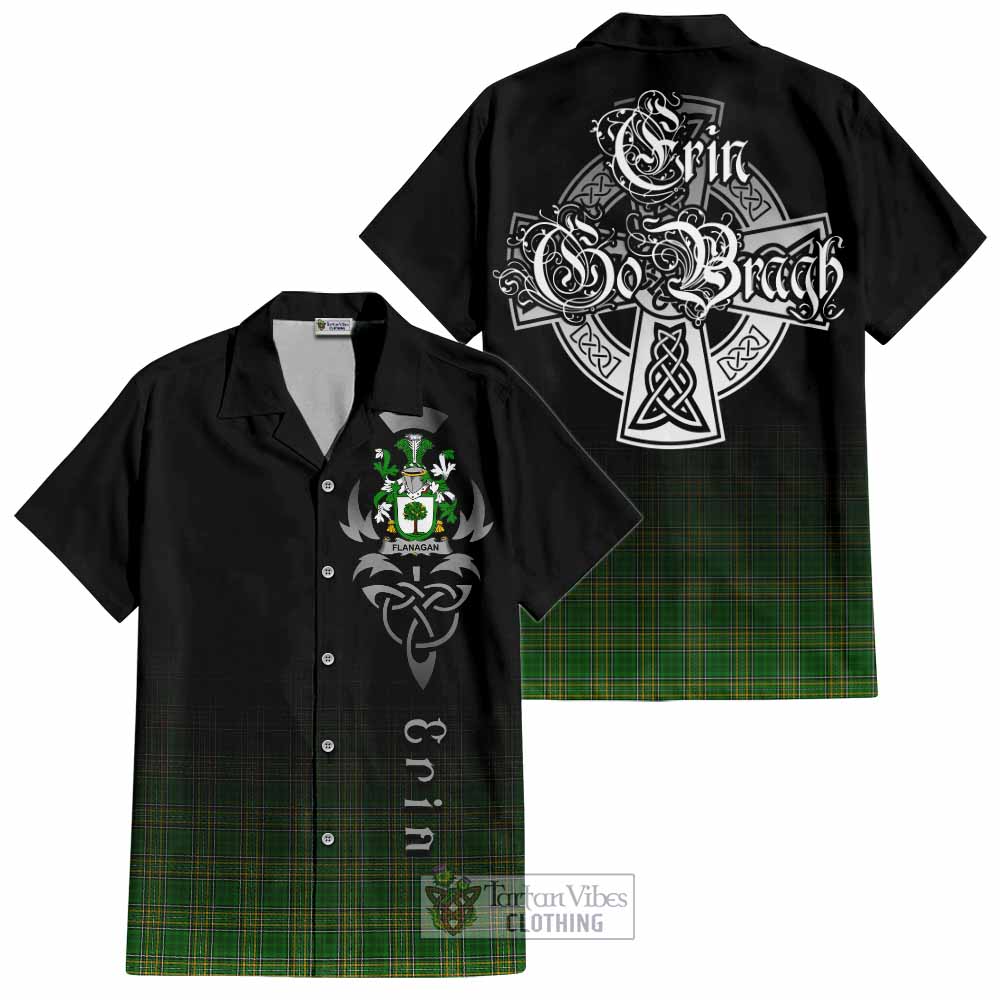 Tartan Vibes Clothing Flanagan Irish Clan Short Sleeve Button Shirt with Coat of Arms Erin Go Bragh Celtic Inspired
