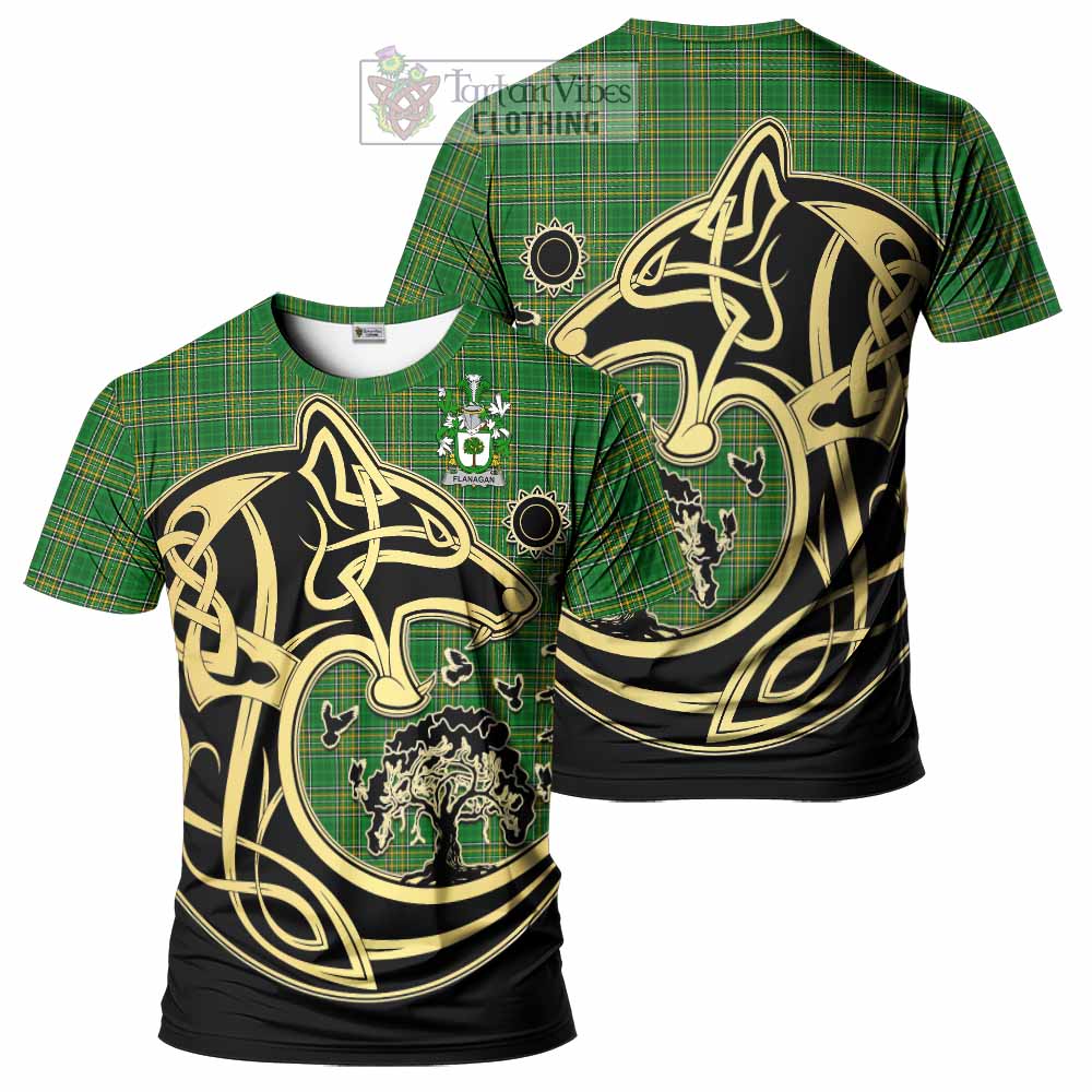 Tartan Vibes Clothing Flanagan Irish Tartan T-Shirt with Coat of Arms Celtic Wolf Style