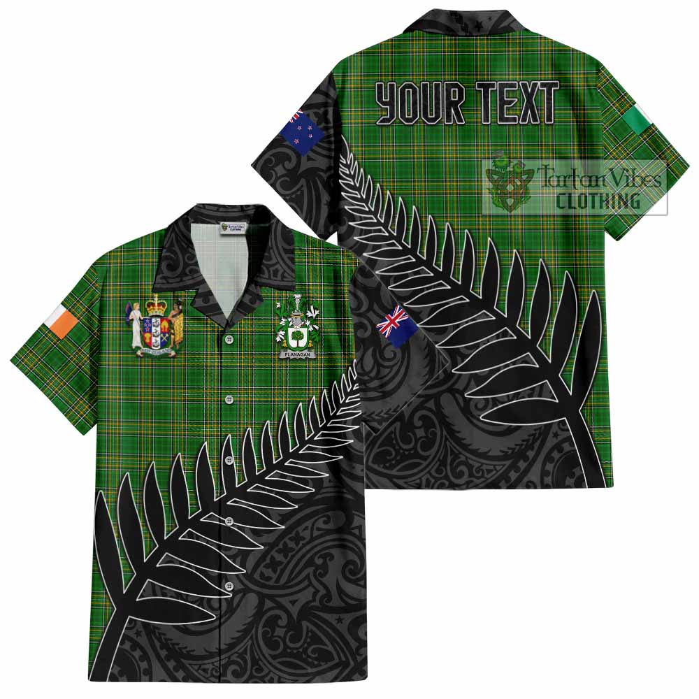 Tartan Vibes Clothing Flanagan Irish Clan Tartan Short Sleeve Button Shirt with Coat of Arms New Zealand Silver Fern Half Style