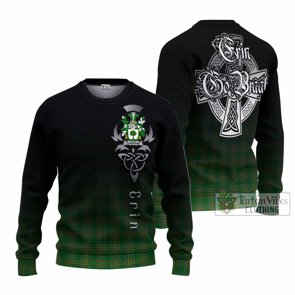 Tartan Vibes Clothing Flanagan Irish Clan Knitted Sweater with Coat of Arms Erin Go Bragh Celtic Inspired
