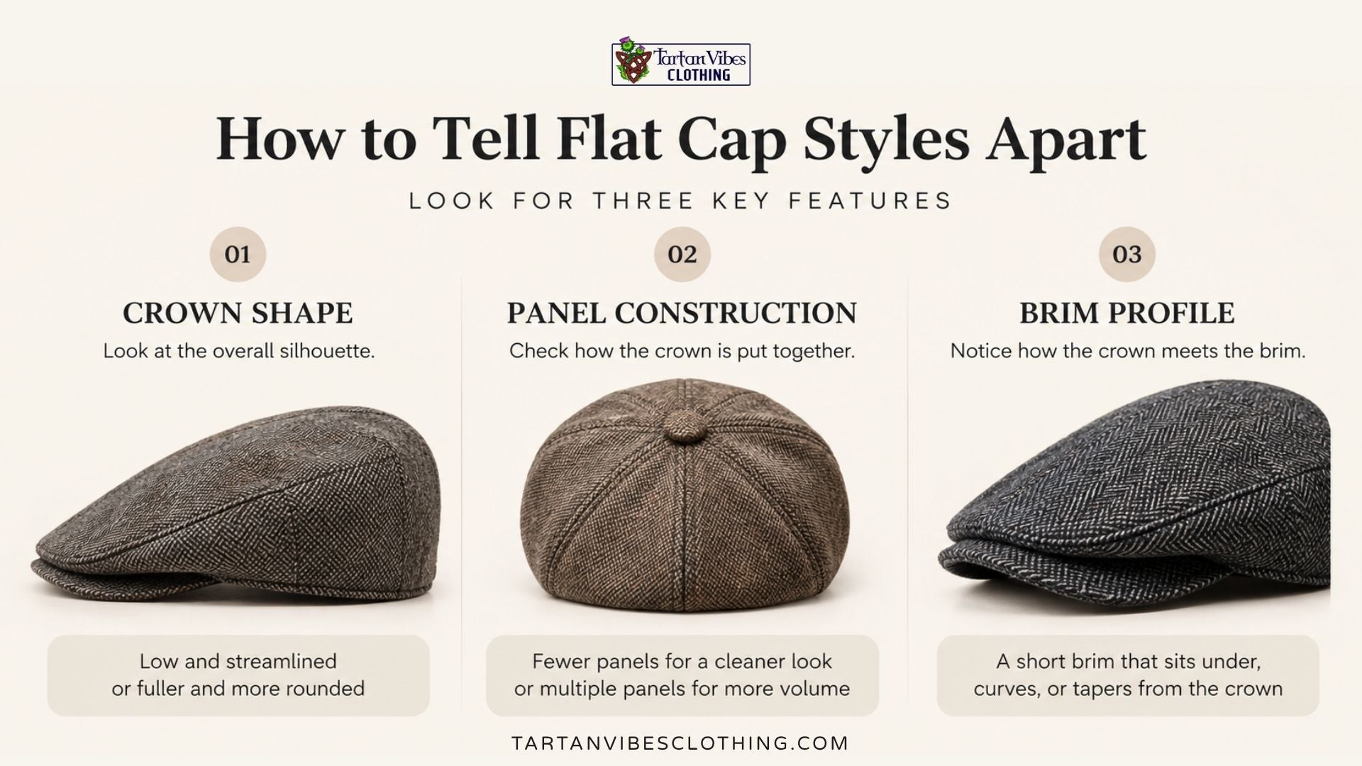 Flat cap styles compared by crown shape, panel construction, and brim profile