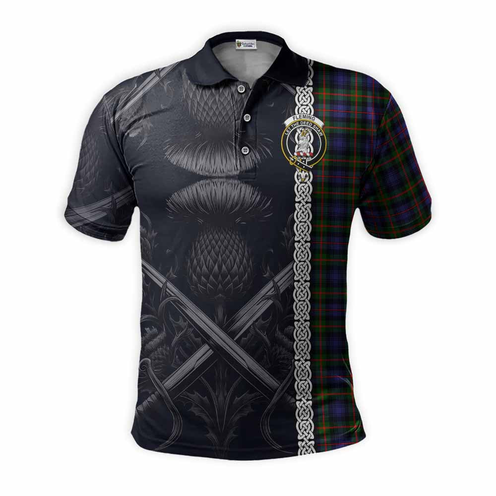 Tartan Vibes Clothing Fleming Tartan Polo Shirt with Family Crest Cross Sword Thistle Celtic Vibes
