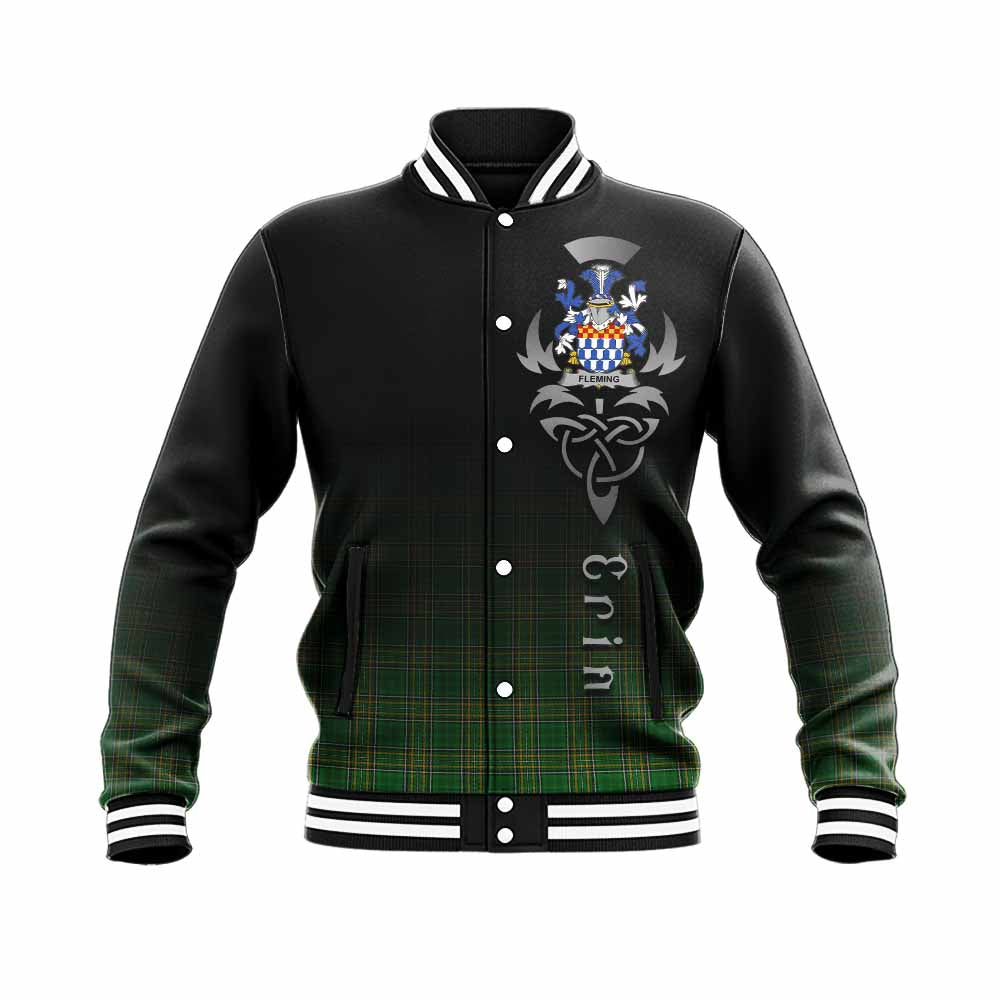 Tartan Vibes Clothing Fleming Irish Clan Baseball Jacket with Coat of Arms Erin Go Bragh Celtic Inspired
