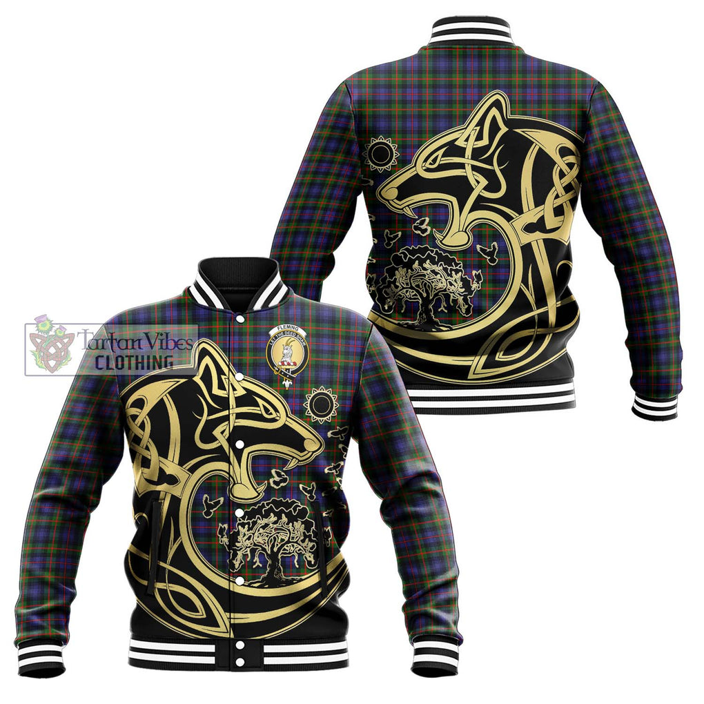 Fleming Tartan Baseball Jacket with Family Crest Celtic Wolf Style Unisex - Tartan Vibes Clothing