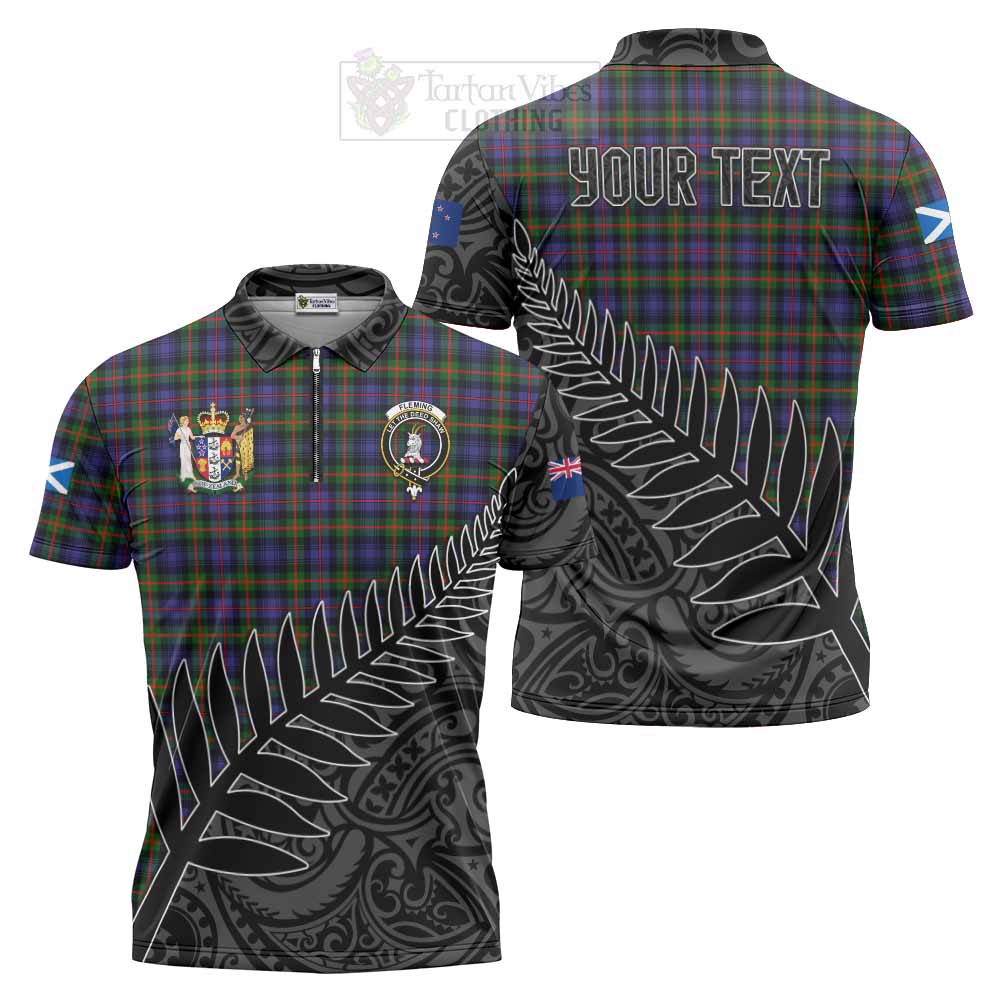 Tartan Vibes Clothing Fleming Crest Tartan Zipper Polo Shirt with New Zealand Silver Fern Half Style