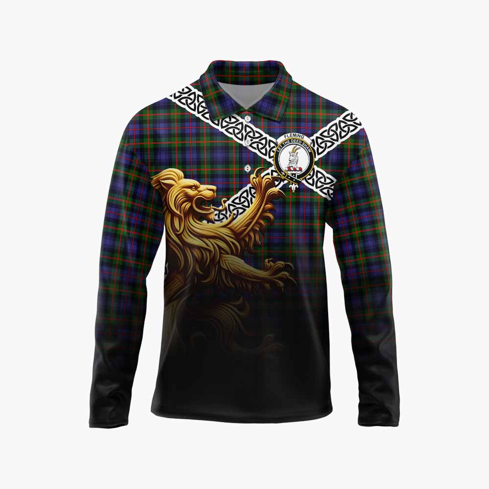 Tartan Vibes Clothing Fleming Crest Tartan Long Sleeve Polo Shirt with Golden Lion Emblem Celtic Style