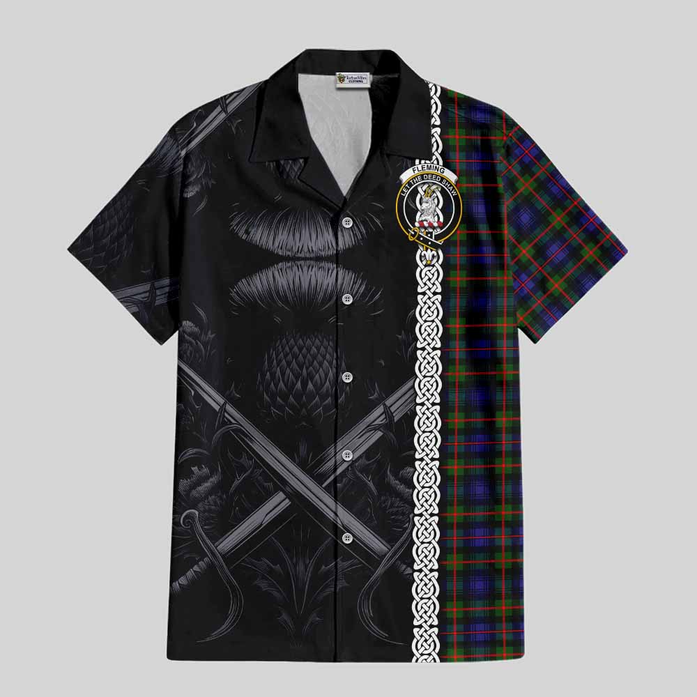 Tartan Vibes Clothing Fleming Tartan Short Sleeve Button Shirt with Family Crest Cross Sword Thistle Celtic Vibes