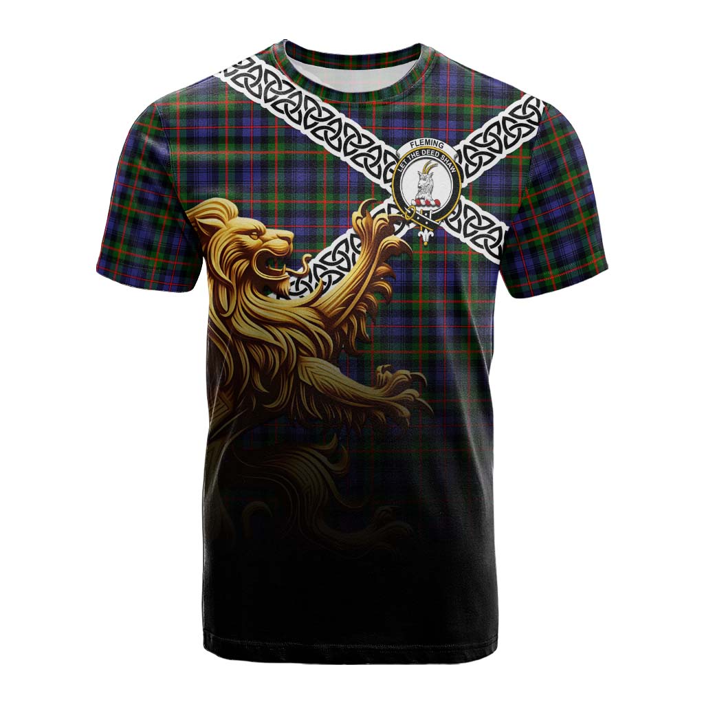 Fleming Crest Tartan Cotton T-shirt with Golden Lion Emblem Celtic Style Kid's Shirt - Tartan Vibes Clothing