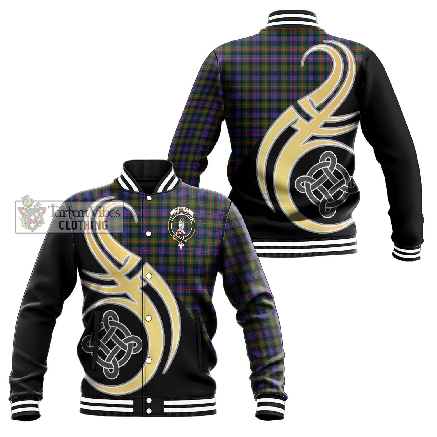 Fleming Tartan Baseball Jacket with Family Crest and Celtic Symbol Style Unisex - Tartan Vibes Clothing