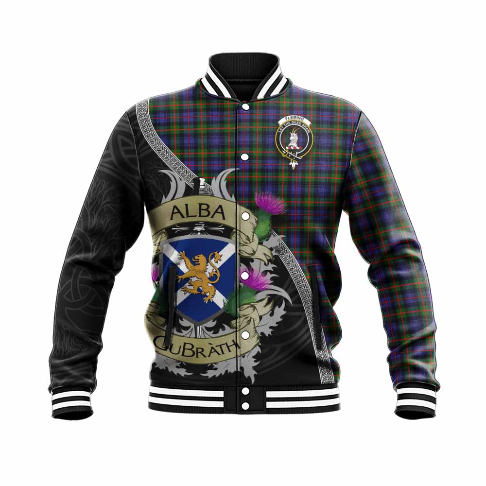 Tartan Vibes Clothing Fleming Tartan Family Crest Baseball Jacket Lion Rampant Royal Thistle Shield Celtic Inspired