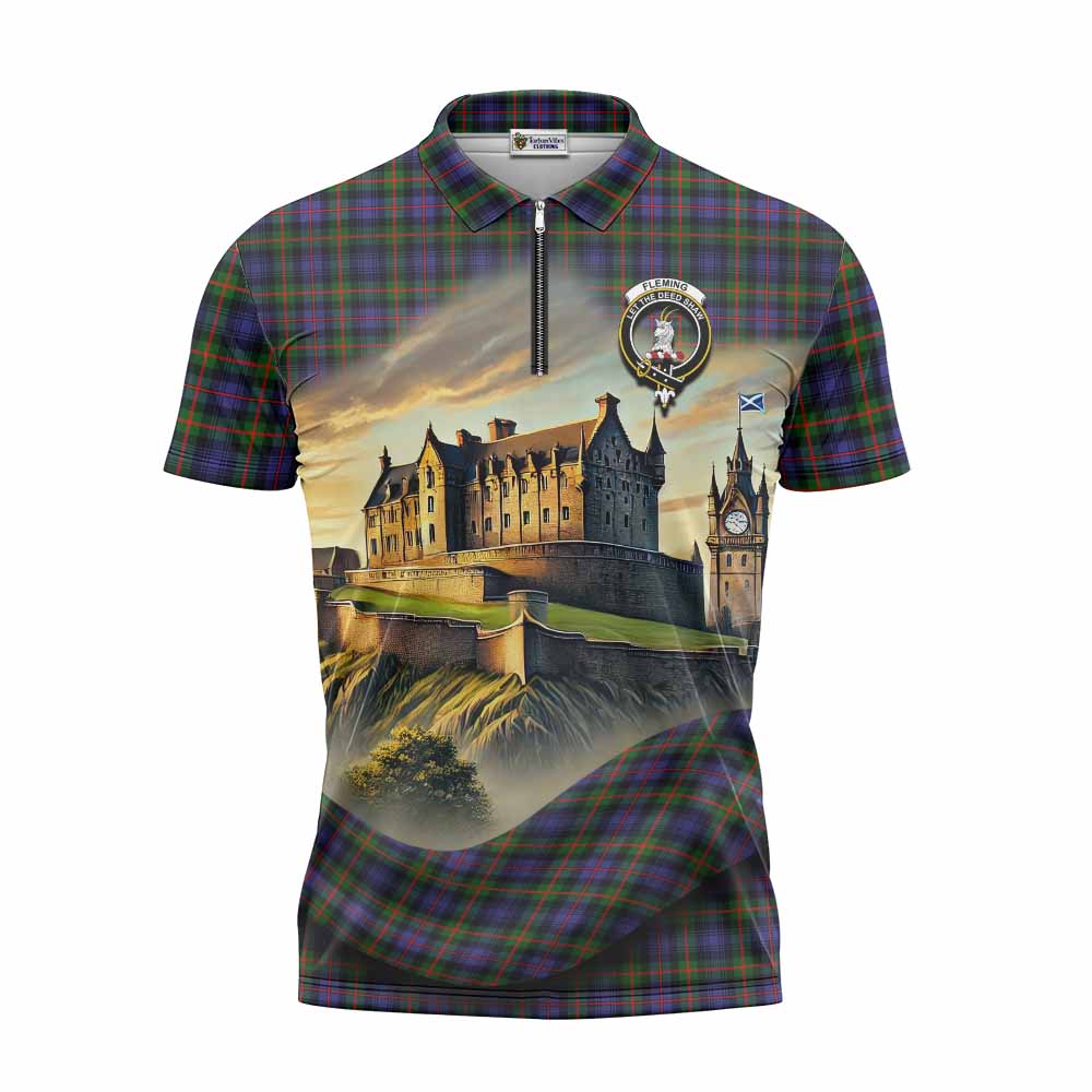 Tartan Vibes Clothing Fleming Tartan Family Crest Zipper Polo Shirt with Scottish Ancient Castle Stype