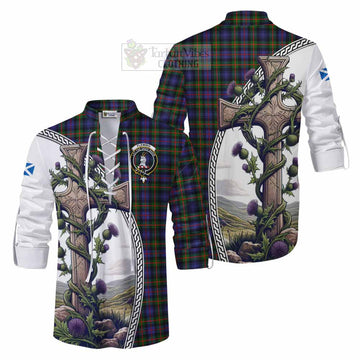 Fleming Tartan Ghillie Kilt Shirt with Family Crest and St. Andrew's Cross Accented by Thistle Vines