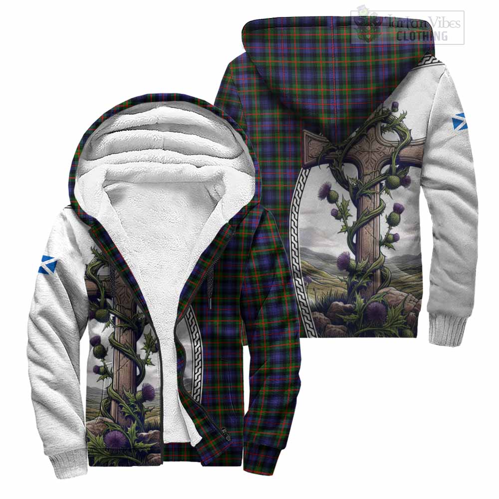 Tartan Vibes Clothing Fleming Tartan Sherpa Hoodie with Family Crest and St. Andrew's Cross Accented by Thistle Vines