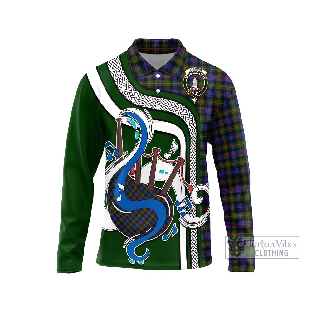 Tartan Vibes Clothing Fleming Tartan Long Sleeve Polo Shirt with Epic Bagpipe Style