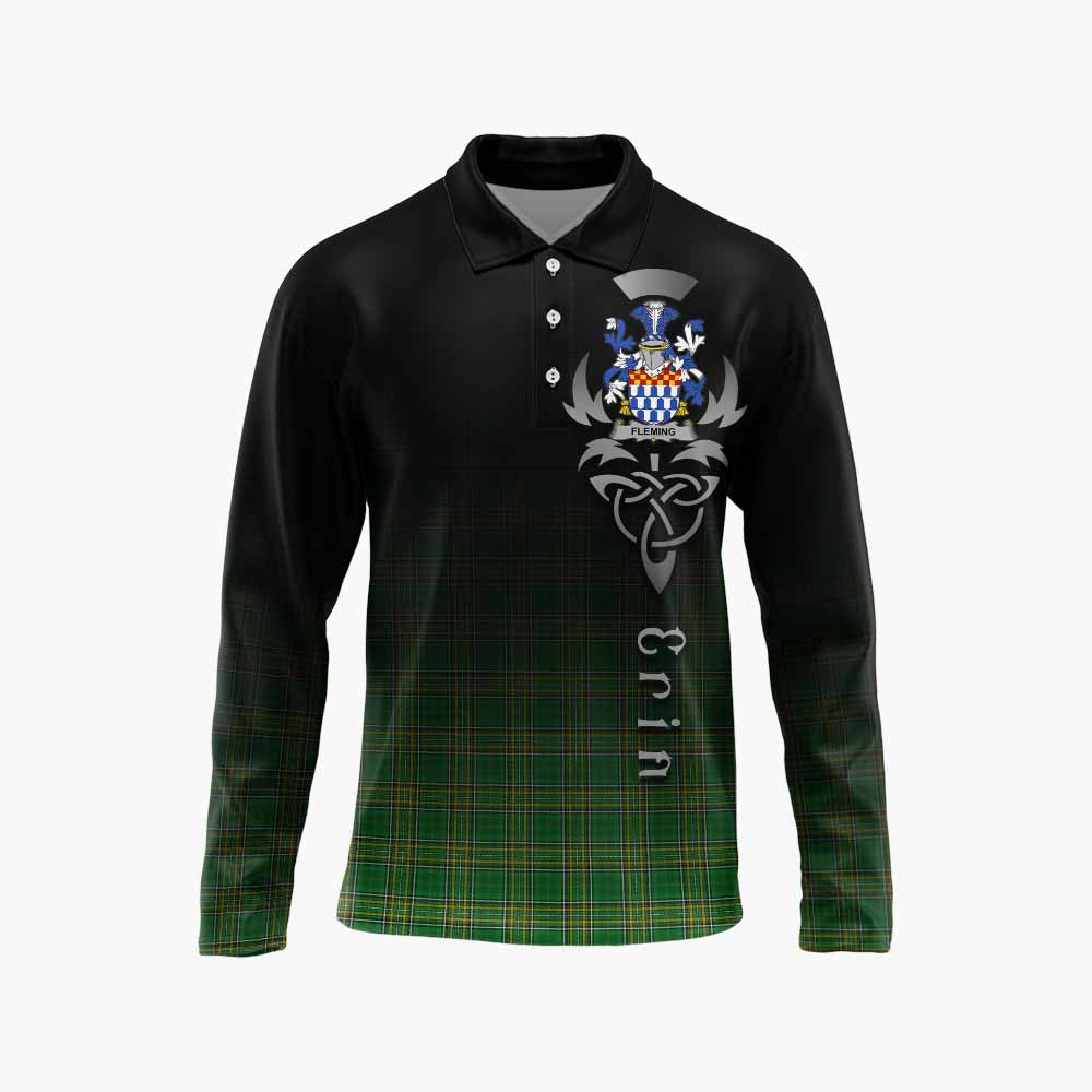 Tartan Vibes Clothing Fleming Irish Clan Long Sleeve Polo Shirt with Coat of Arms Erin Go Bragh Celtic Inspired