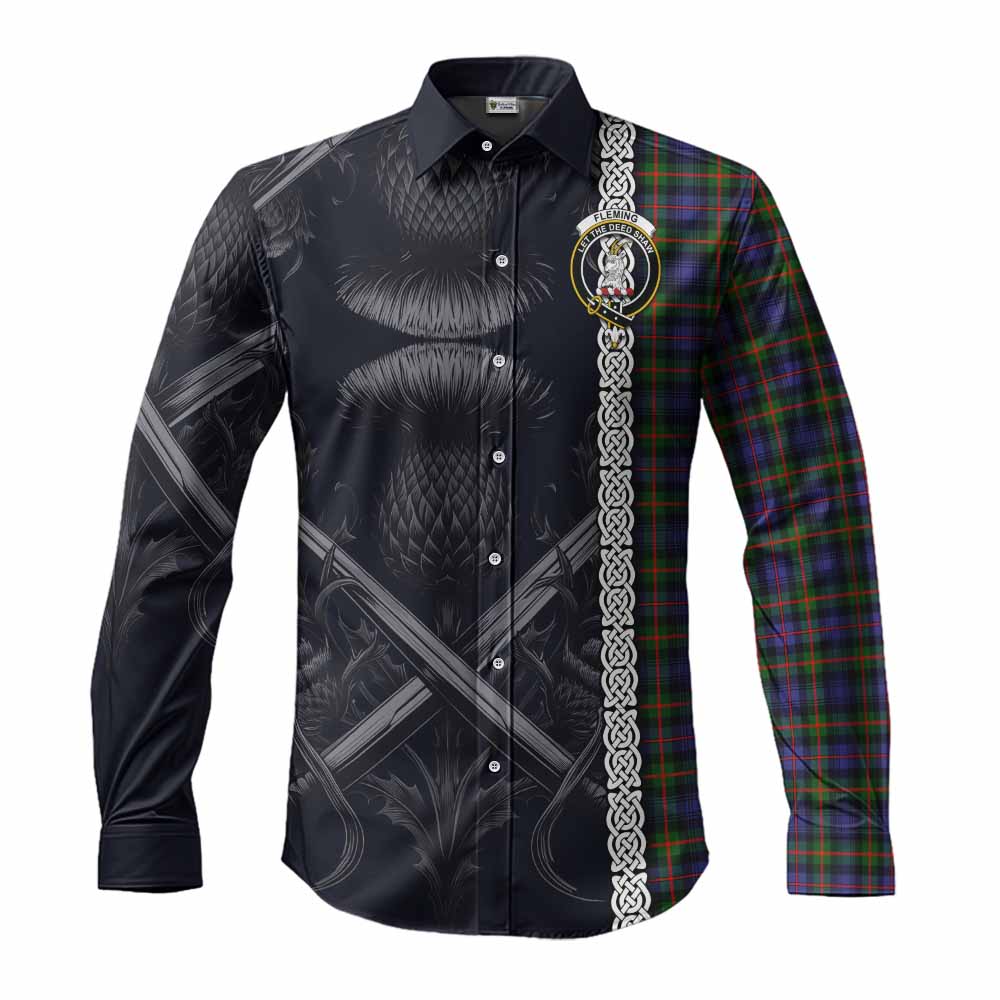 Tartan Vibes Clothing Fleming Tartan Long Sleeve Button Shirt with Family Crest Cross Sword Thistle Celtic Vibes