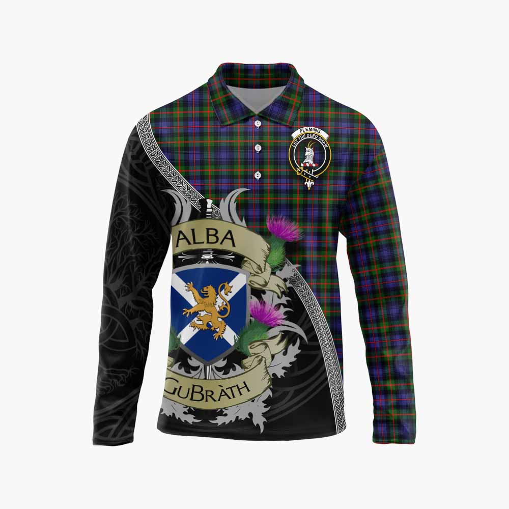 Tartan Vibes Clothing Fleming Tartan Family Crest Long Sleeve Polo Shirt Lion Rampant Royal Thistle Shield Celtic Inspired