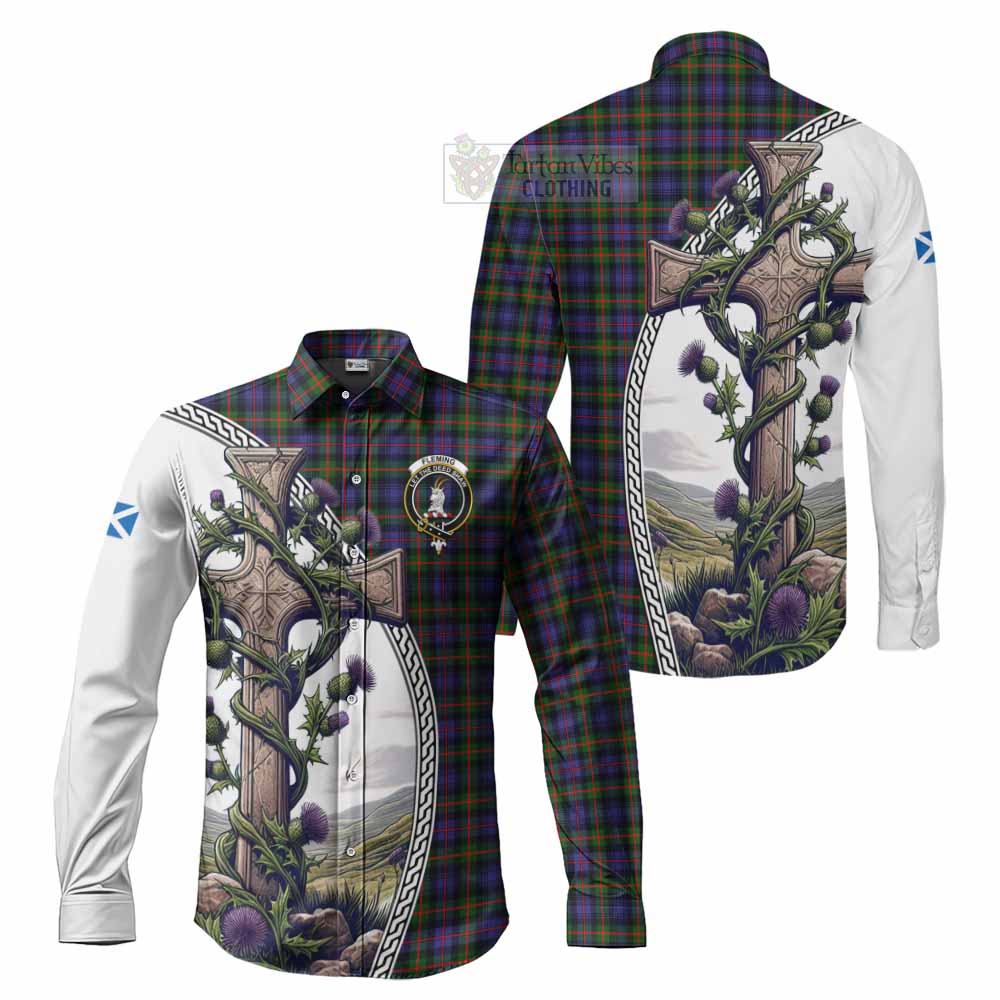 Tartan Vibes Clothing Fleming Tartan Long Sleeve Button Shirt with Family Crest and St. Andrew's Cross Accented by Thistle Vines
