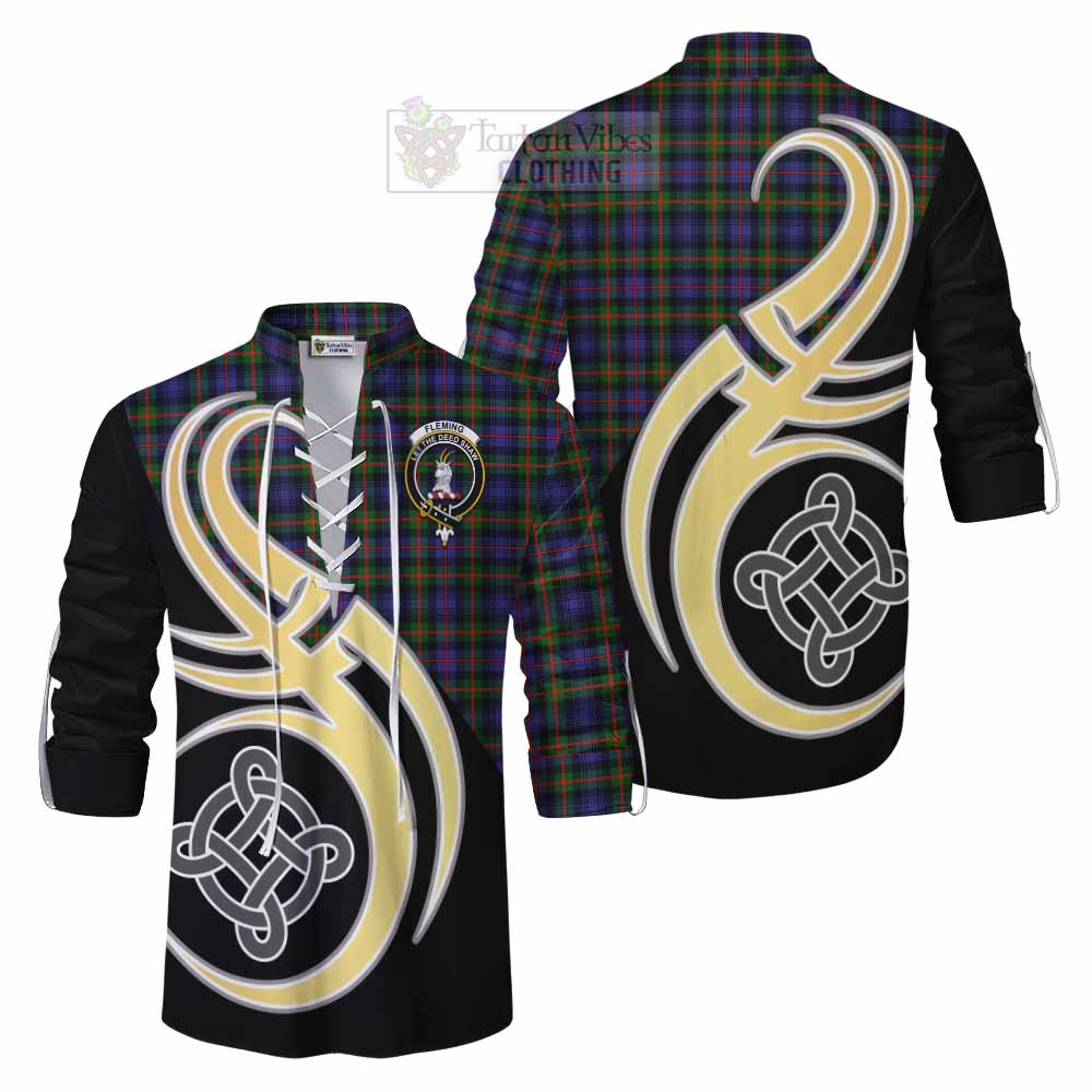 Tartan Vibes Clothing Fleming Tartan Ghillie Kilt Shirt with Family Crest and Celtic Symbol Style