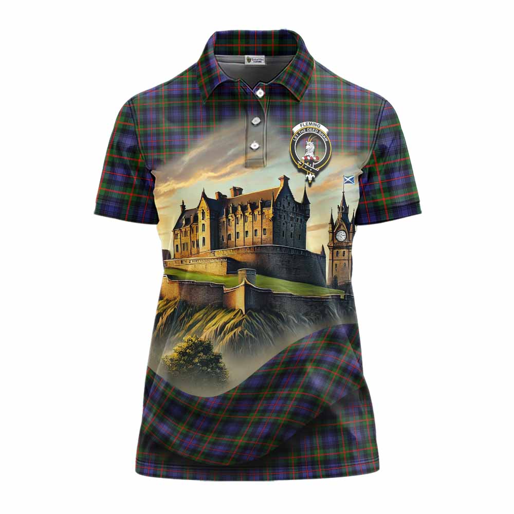 Tartan Vibes Clothing Fleming Tartan Family Crest Women's Polo Shirt with Scottish Ancient Castle Stype