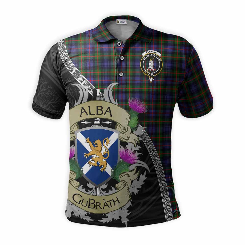 Tartan Vibes Clothing Fleming Tartan Family Crest Polo Shirt Lion Rampant Royal Thistle Shield Celtic Inspired