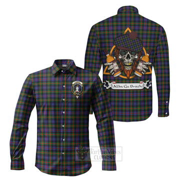 Fleming Tartan Long Sleeve Button Shirt with Family Crest and Bearded Skull Holding Bottles of Whiskey