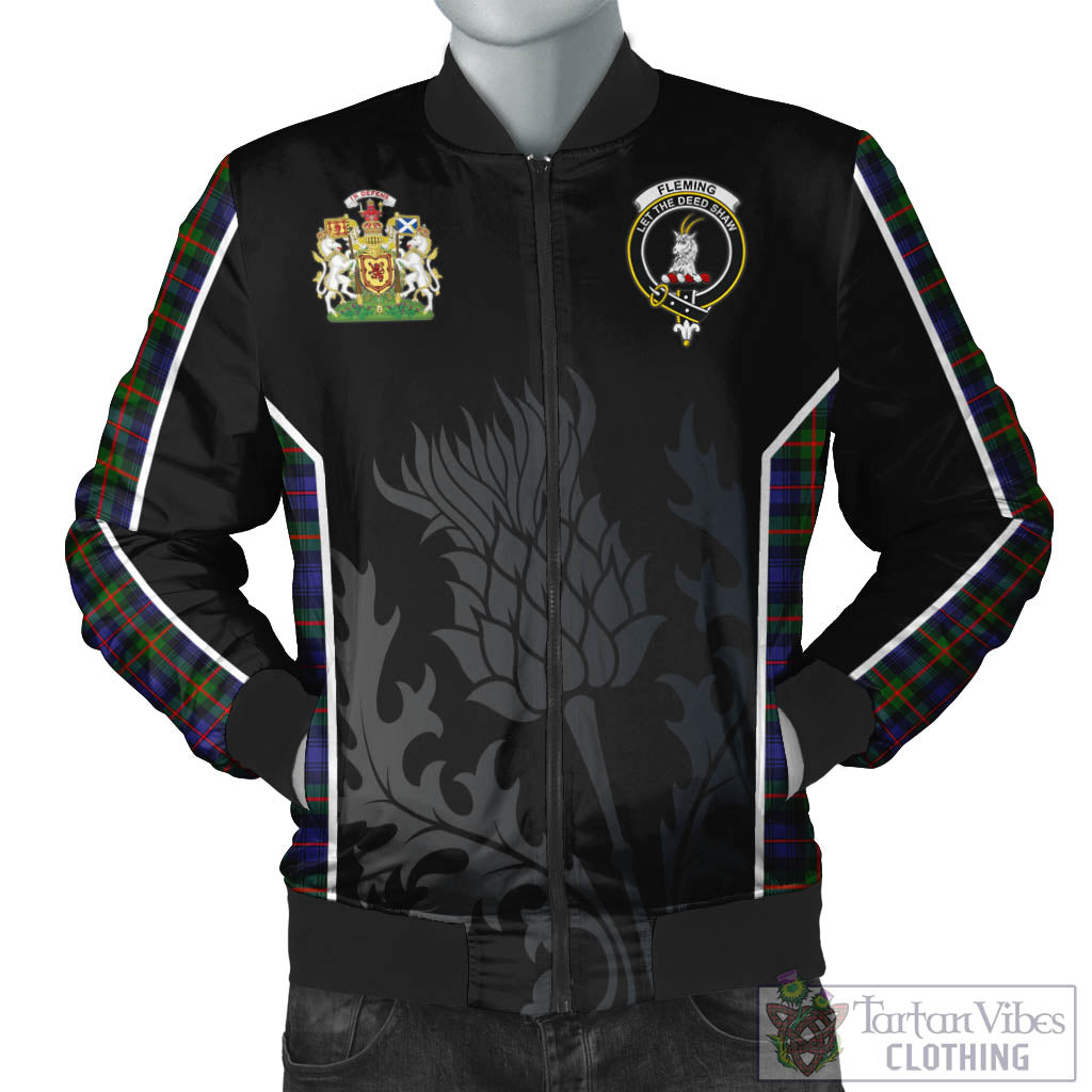 Tartan Vibes Clothing Fleming Tartan Bomber Jacket with Family Crest and Scottish Thistle Vibes Sport Style