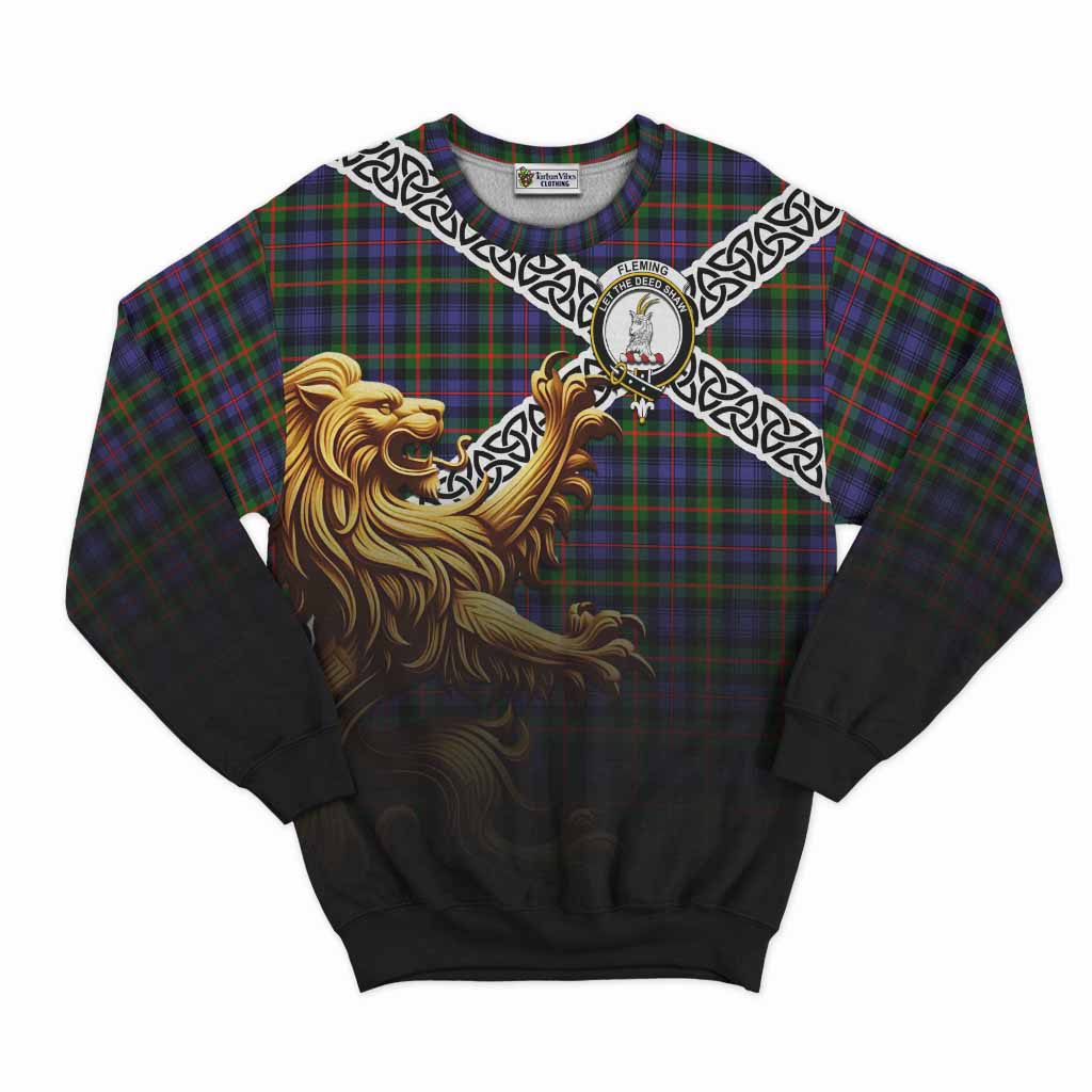 Fleming Crest Tartan Sweatshirt with Golden Lion Emblem Celtic Style Unisex - Tartan Vibes Clothing
