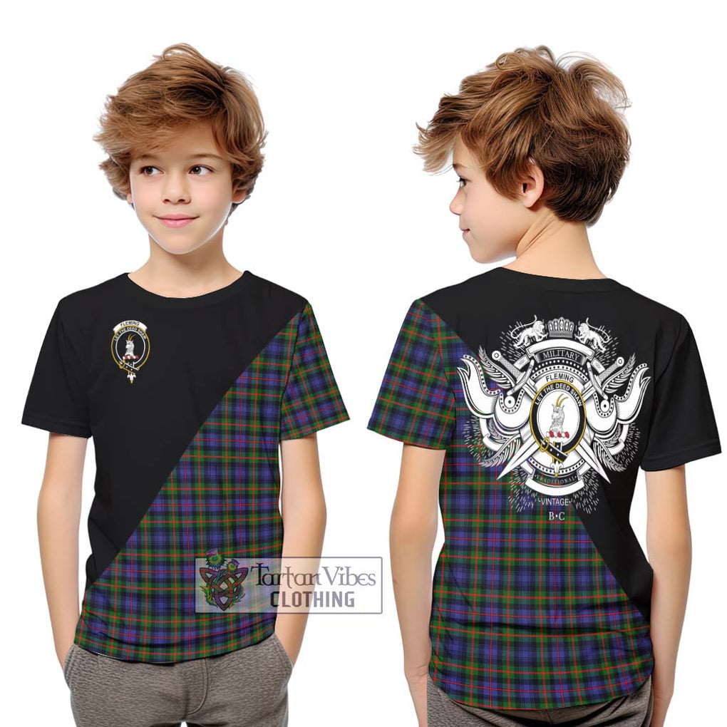 Fleming Tartan Kid T-Shirt with Family Crest and Military Logo Style Youth XL Size14 - Tartanvibesclothing Shop