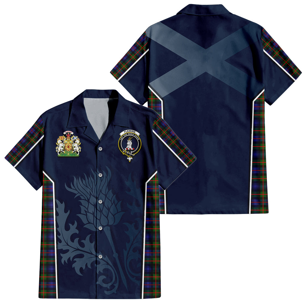 Tartan Vibes Clothing Fleming Tartan Short Sleeve Button Up Shirt with Family Crest and Scottish Thistle Vibes Sport Style