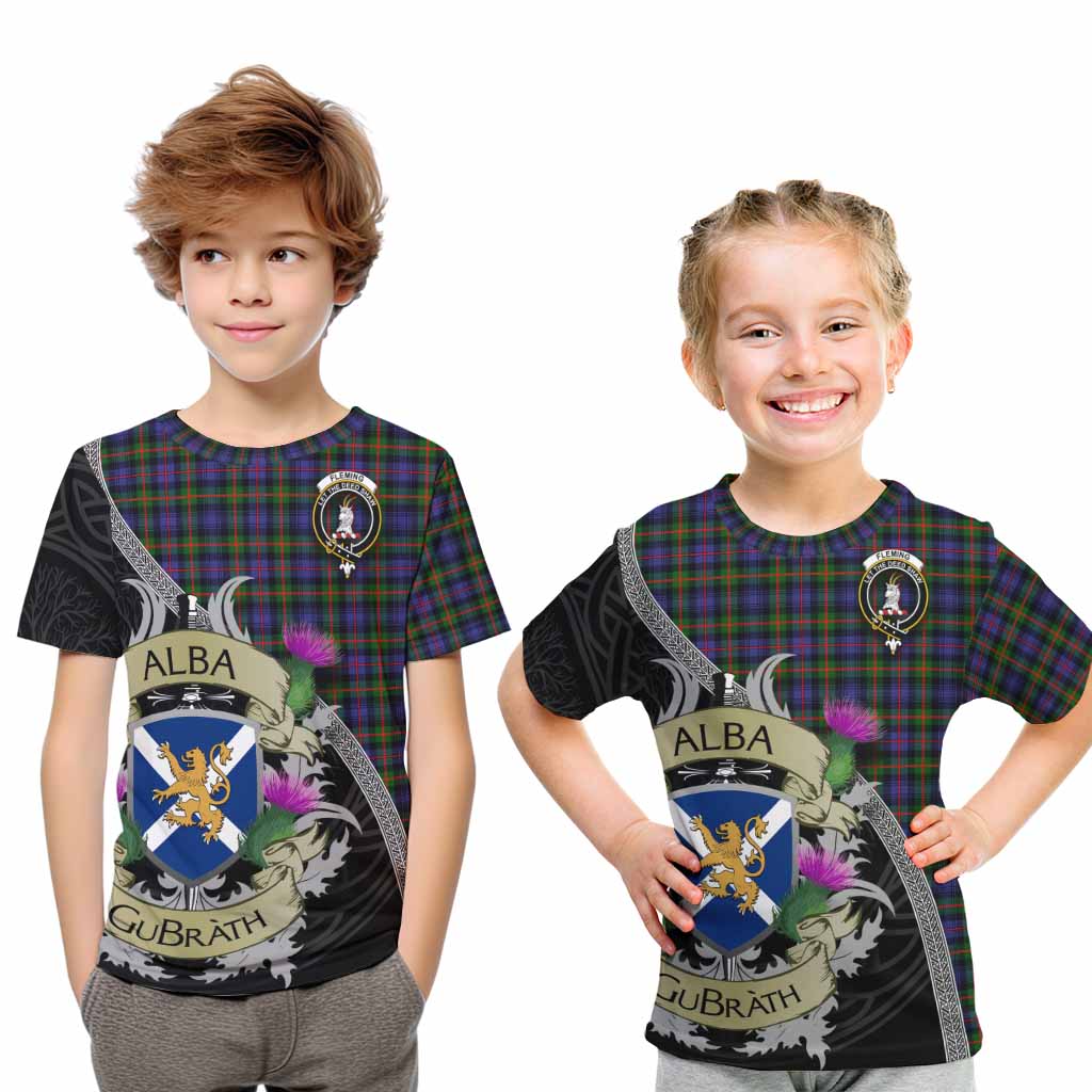 Tartan Vibes Clothing Fleming Tartan Family Crest Kid T-Shirt Lion Rampant Royal Thistle Shield Celtic Inspired