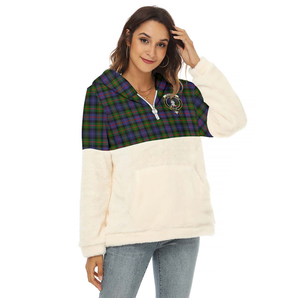 Fleming Tartan Women's Borg Fleece Hoodie With Half Zip with Family Crest Female - Tartan Vibes Clothing