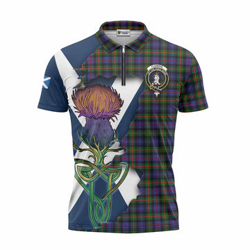 Fleming Tartan Family Crest Zipper Polo Shirt Scottish Thistle Celtic Inspired
