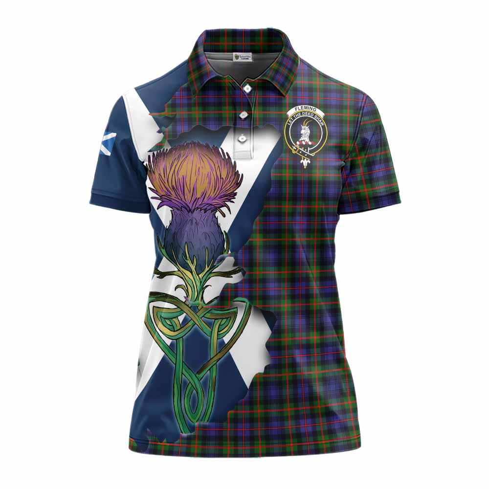 Tartan Vibes Clothing Fleming Tartan Family Crest Women's Polo Shirt Scottish Thistle Celtic Inspired