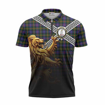 Fleming Crest Tartan Zipper Polo Shirt with Golden Lion Emblem Celtic Style