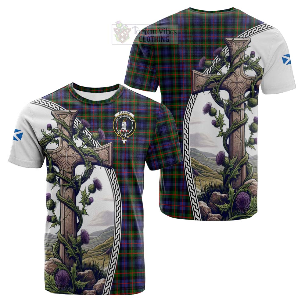 Tartan Vibes Clothing Fleming Tartan Cotton T-shirt with Family Crest and St. Andrew's Cross Accented by Thistle Vines