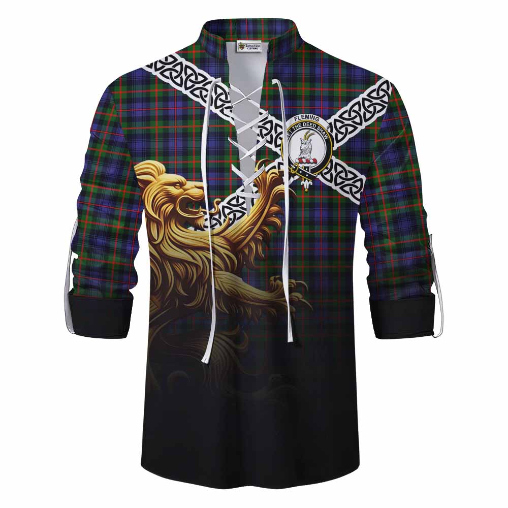 Tartan Vibes Clothing Fleming Crest Tartan Ghillie Kilt Shirt with Golden Lion Emblem Celtic Style