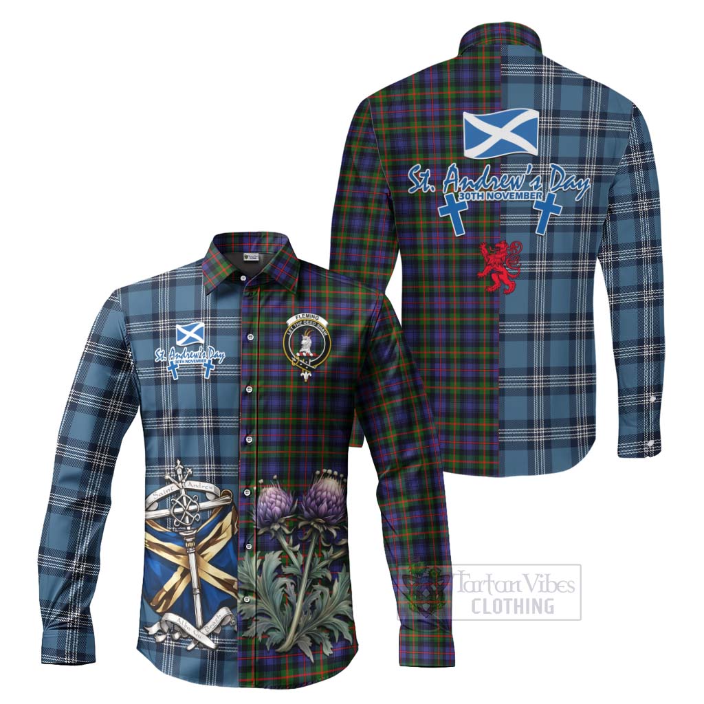 Tartan Vibes Clothing Fleming Tartan Long Sleeve Button Shirt Happy St. Andrew's Day Half Tartan Style
