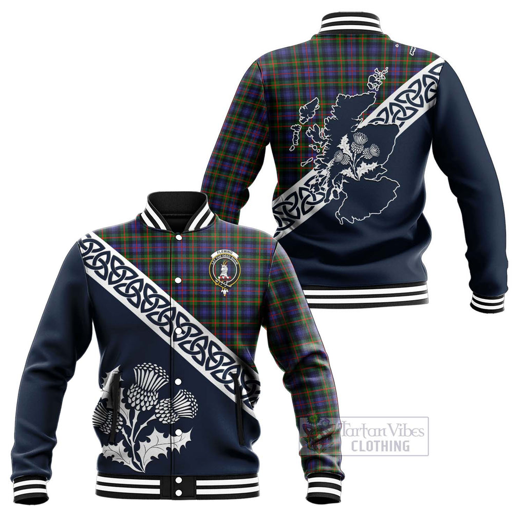 Tartan Vibes Clothing Fleming Tartan Baseball Jacket Featuring Thistle and Scotland Map
