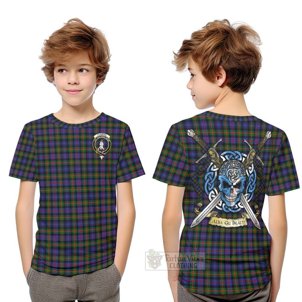 Tartan Vibes Clothing Fleming Tartan Kid T-Shirt with Family Crest Celtic Skull Style
