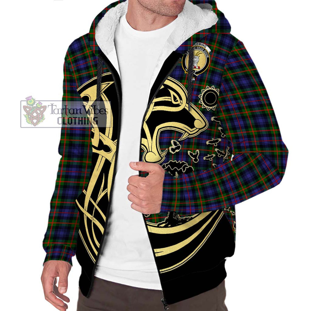Fleming Tartan Sherpa Hoodie with Family Crest Celtic Wolf Style Unisex S - Tartan Vibes Clothing