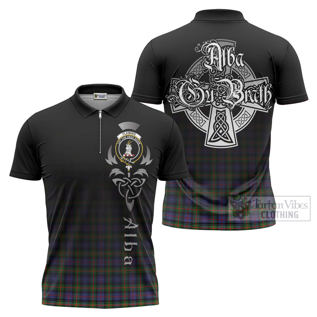 Tartan Vibes Clothing Fleming Tartan Zipper Polo Shirt Featuring Alba Gu Brath Family Crest Celtic Inspired