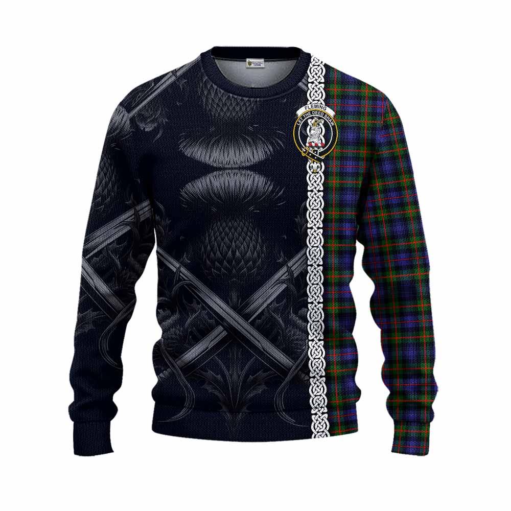 Tartan Vibes Clothing Fleming Tartan Knitted Sweater with Family Crest Cross Sword Thistle Celtic Vibes