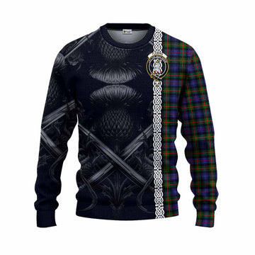 Tartan Vibes Clothing Fleming Tartan Knitted Sweater with Family Crest Cross Sword Thistle Celtic Vibes