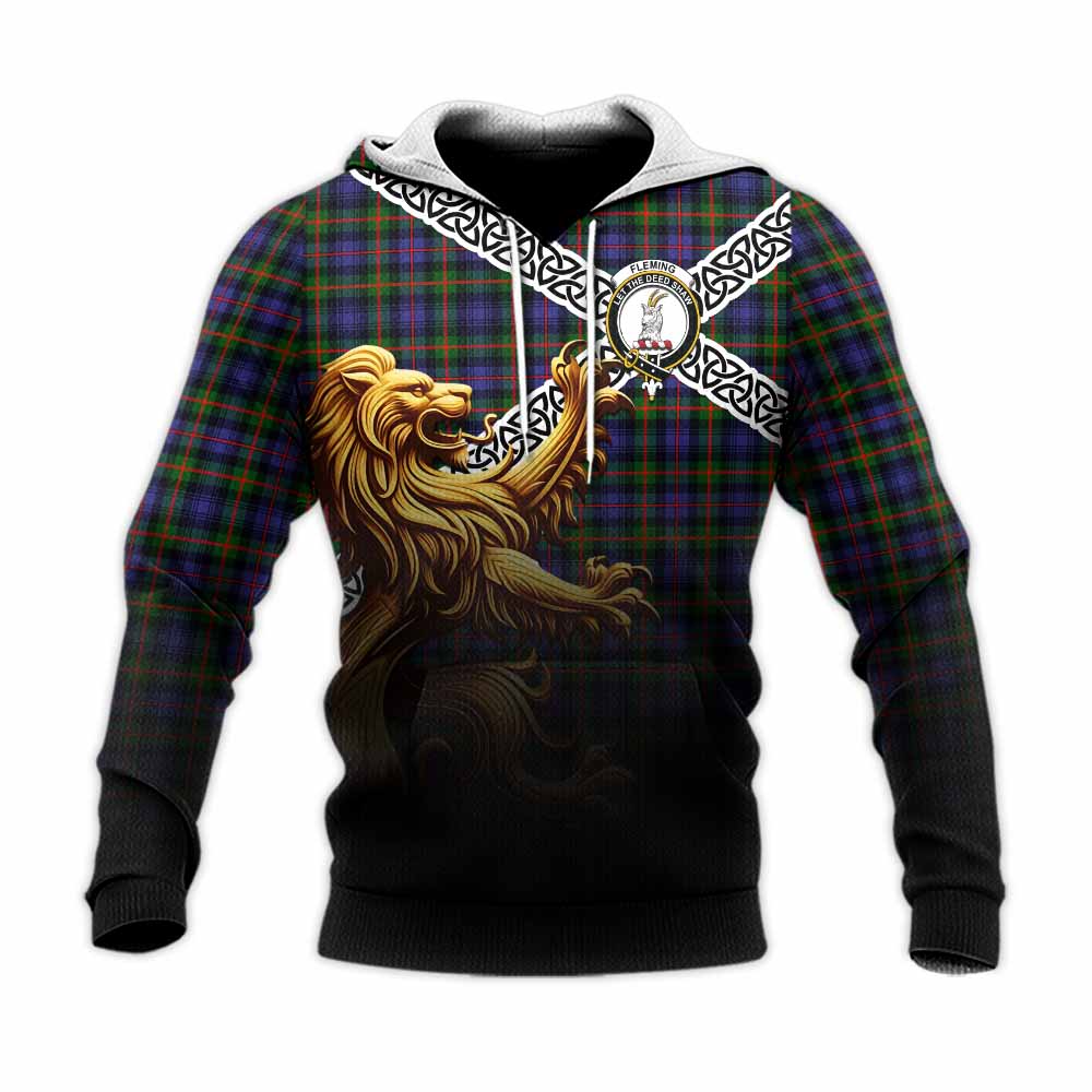 Tartan Vibes Clothing Fleming Crest Tartan Knitted Hoodie with Golden Lion Emblem Celtic Style