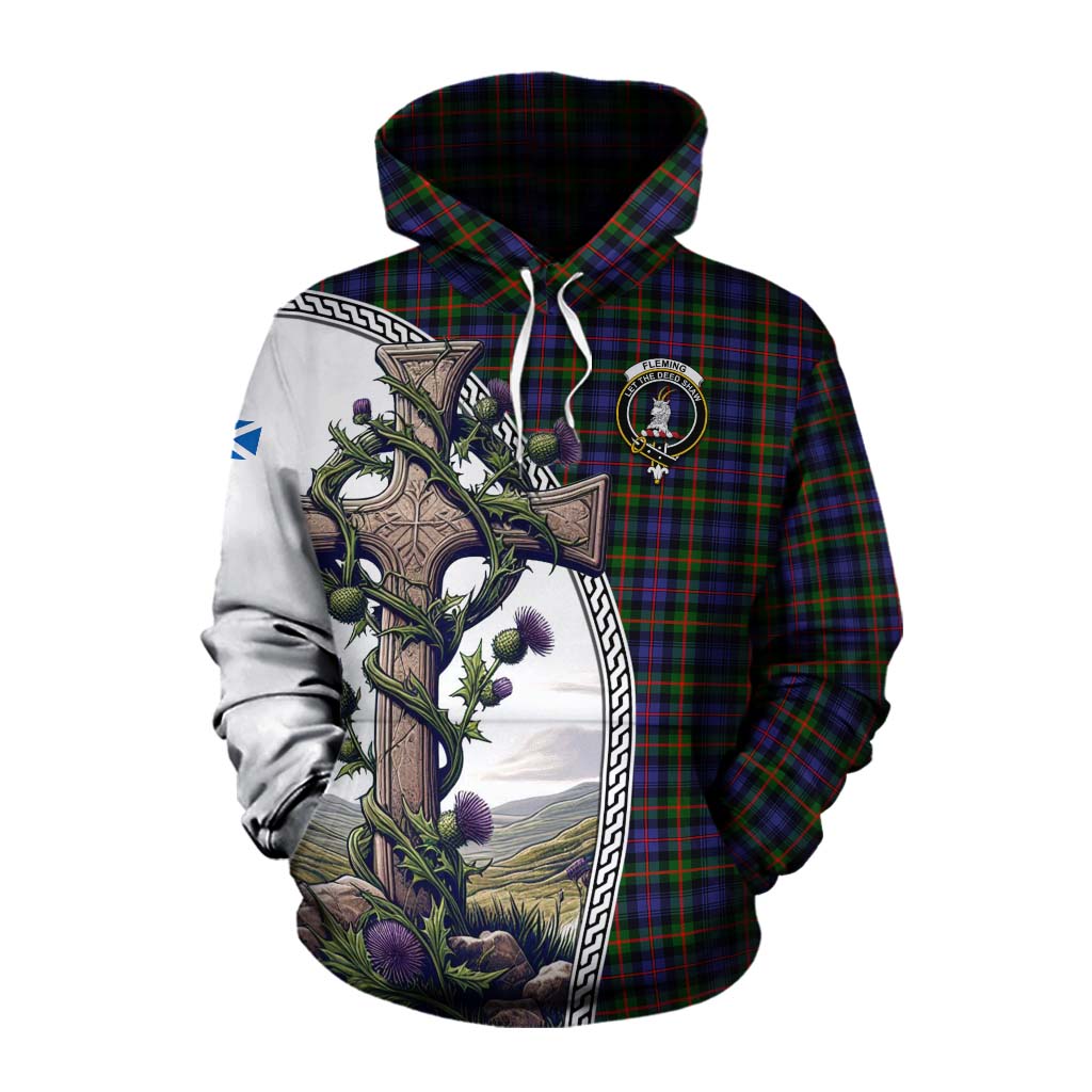 Tartan Vibes Clothing Fleming Tartan Cotton Hoodie with Family Crest and St. Andrew's Cross Accented by Thistle Vines