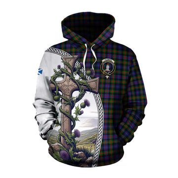 Fleming Tartan Cotton Hoodie with Family Crest and St. Andrew's Cross Accented by Thistle Vines