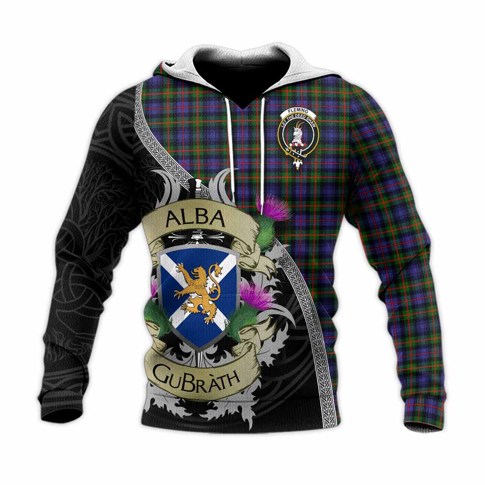 Tartan Vibes Clothing Fleming Tartan Family Crest Knitted Hoodie Lion Rampant Royal Thistle Shield Celtic Inspired