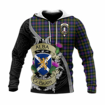 Fleming Tartan Family Crest Knitted Hoodie Lion Rampant Royal Thistle Shield Celtic Inspired