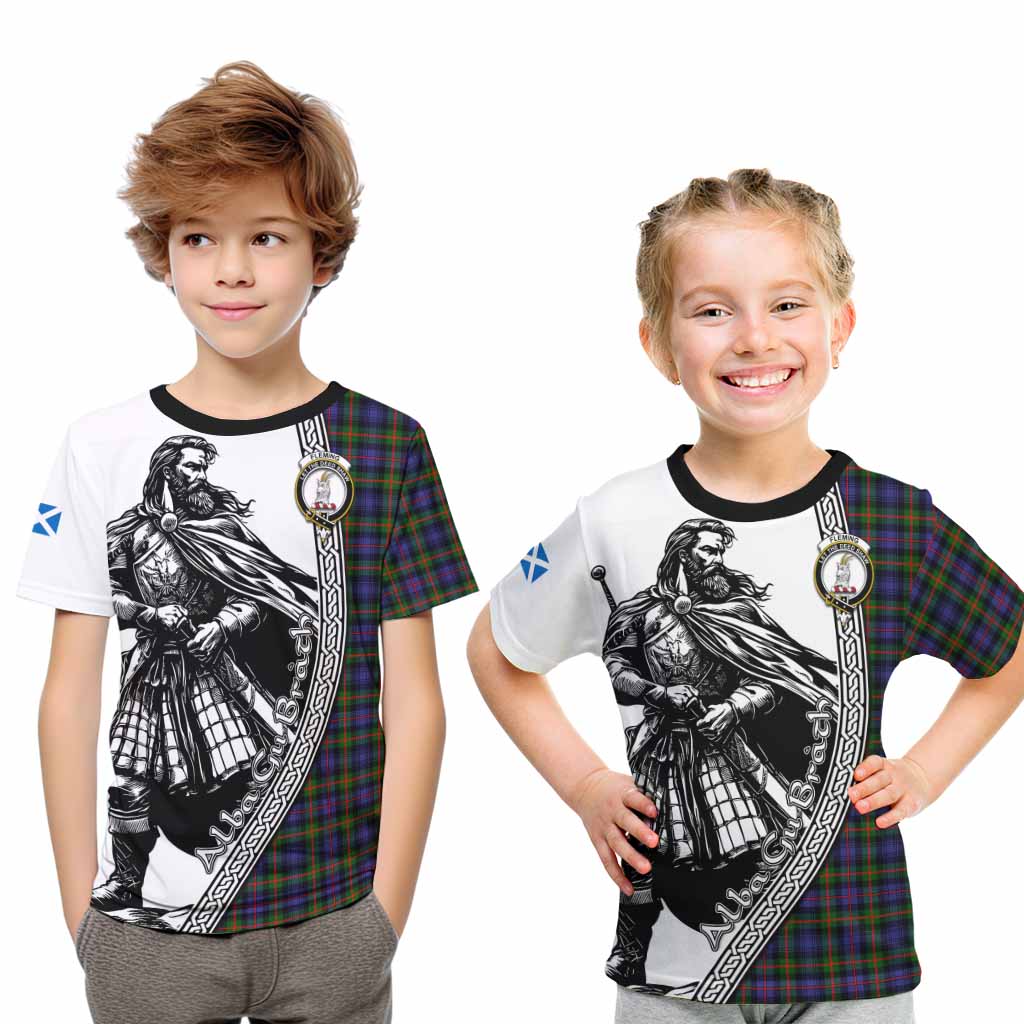 Fleming Tartan Clan Crest Kid T-Shirt with Highlander Warrior Celtic Style